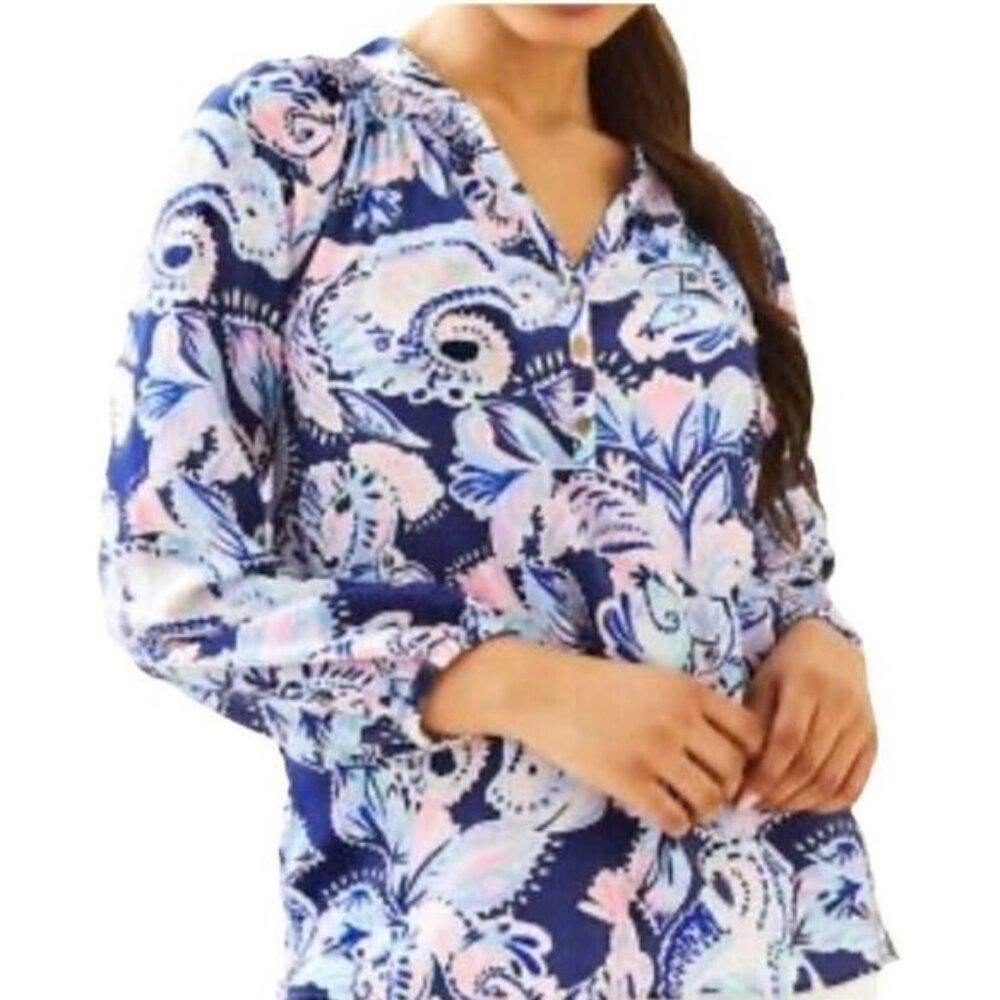Lilly Pulitzer Elsa Top Blouse 100% Silk Size XS Relaxed Fit Floral Blues Pinks